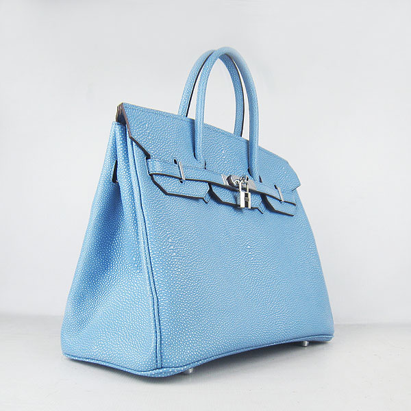 High Quality Fake Hermes Birkin 35CM Pearl Veins Leather Bag Light Blue 6089